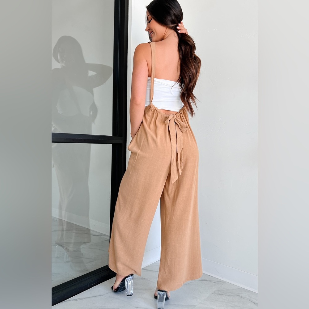 ZENANA Woven Tie Back Suspender Jumpsuit Cream/Tan Size S & M - Picture 8 of 11